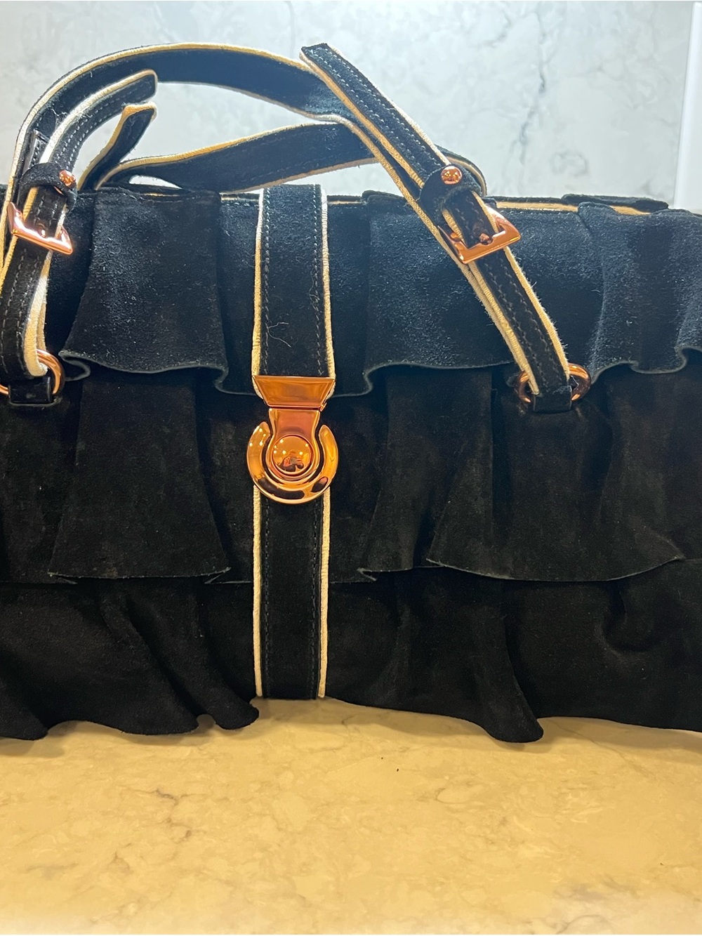 Black Ruffle Suede Satchel with Gold Accent